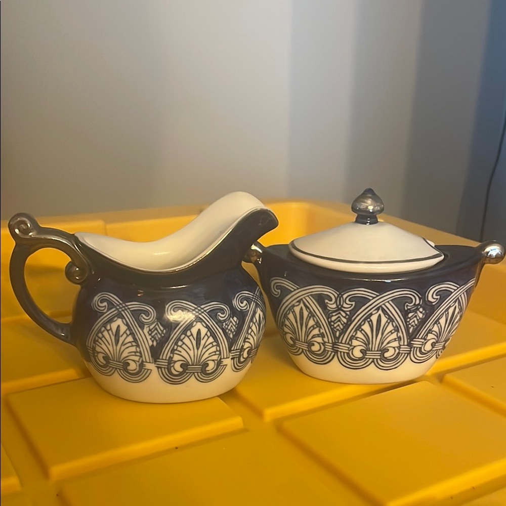 Elegant Blue and White Ceramic Creamer and Sugar Set